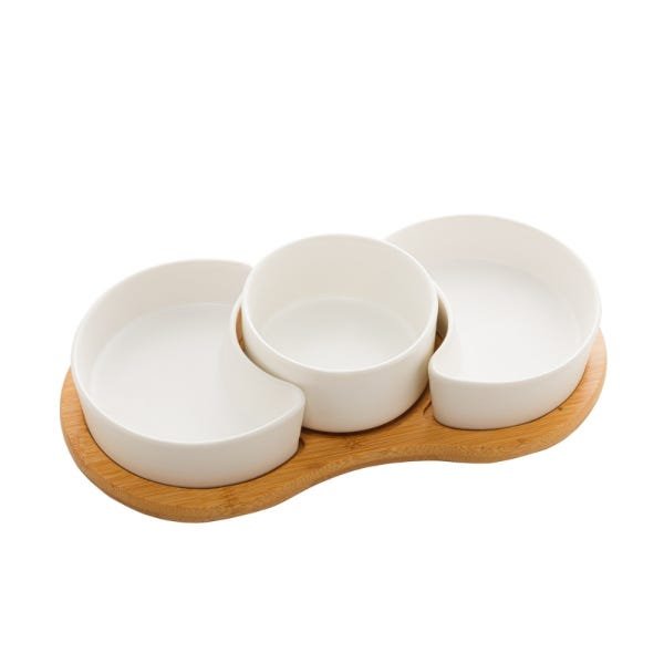 Petisqueira Porcelana Branco Matt Base de Bambu - 1