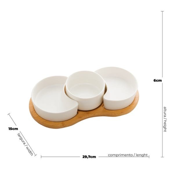 Petisqueira Porcelana Branco Matt Base de Bambu - 2