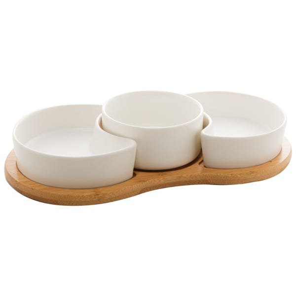 Petisqueira Porcelana Branco Matt Base de Bambu - 3