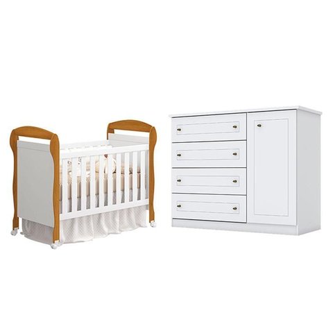 Berço Americano Danny Branco Acetinado Savana Reller e Cômoda Infantil Americano Branco Hp- Henn.