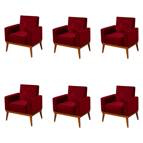 Kit 6 Poltronas Decorativa Florença Pés em Madeira Maciça Estofado Veludo - Vermelho