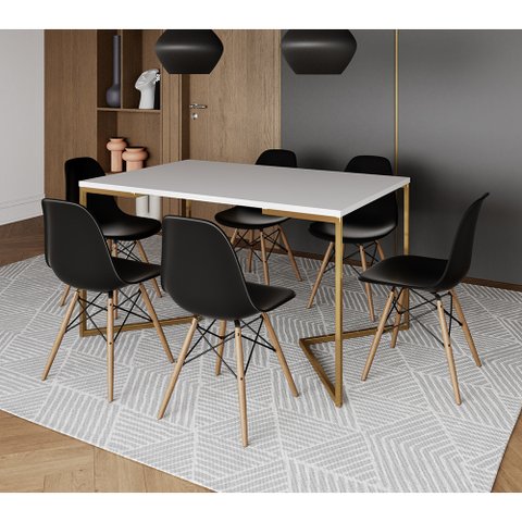 Mesa Jantar Industrial Retangular 137x90cm Branca Base V Dourada com 6 Cadeiras Pretas Eames Eiffel 