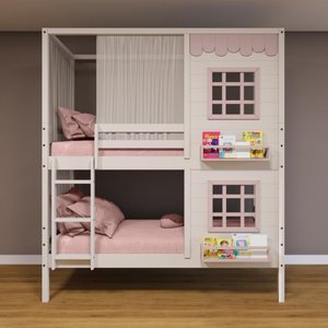 Beliche Casinha Reta com 02 Janelas e Cortina Madeira Maciça Branco/ Rosa Housin