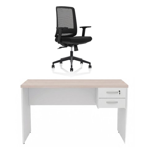 Kit Mesa de Escritório 140x60cm com Gaveta + Cadeira Netflex Ergonômica