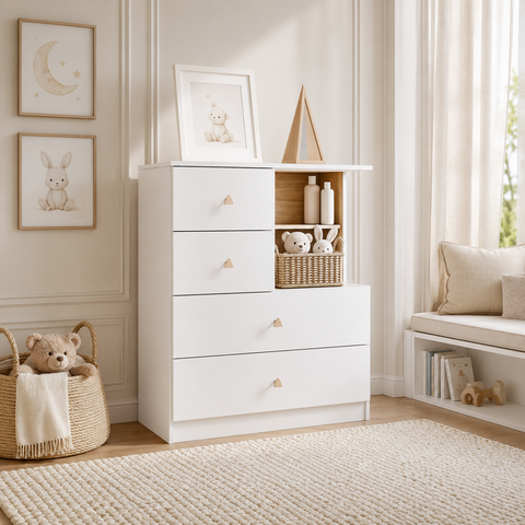 Cômoda Quarto Infantil 75cm 4 Gavetas e Nicho Cute Branco/Jequitibá H02 D'Rossi