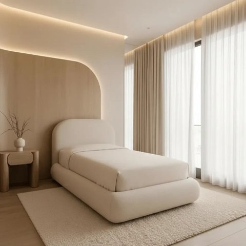 Cama Estofada Solteiro com Cabeceira Luna Arredondada Resistente e Durável Bouclê