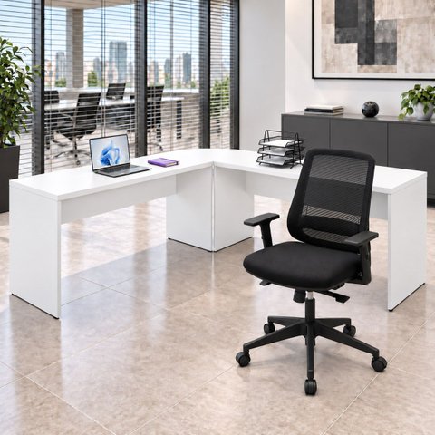 Mesa de Escritório em L 140x60cm com Conexão + Cadeira de Escritório Netflex Ergonômica Reclinável
