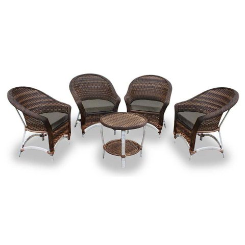 Conjunto de Poltronas Fibra Sintética Alumínio Berlim - 4 Poltronas + 1 Mesa Centro - Tecido Duna Fe