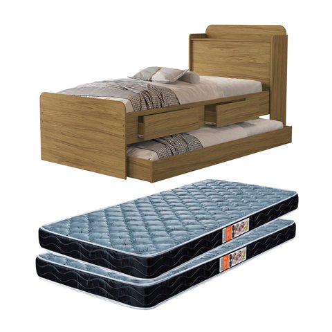 Cama Solteiro Tamires 2 Gavetas Bau com Cama Auxiliar Nature + 2 Colchão D20
