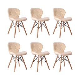 Kit 06 Cadeiras Estofada Jantar Charles Eames Eiffel Slim Wood Confort Creme - 1