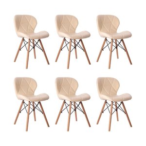Kit 06 Cadeiras Estofada Jantar Charles Eames Eiffel Slim Wood Confort Creme