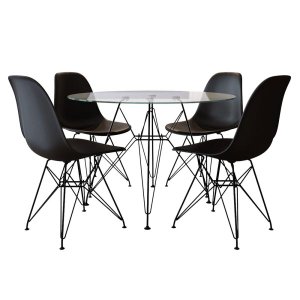 Conjunto Mesa Jantar Eames Eiffel 90cm Redonda Vidro com 4 Cadeiras Pretas Base Ferro Preto