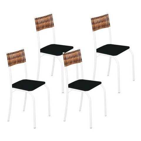 Kit 4 Cadeiras Atlanta Corino Preto e Rattan Carvalho Tubo Branco