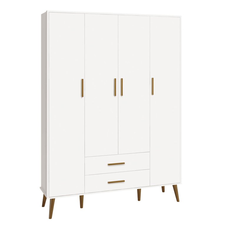 Guarda-roupa Isis Infantil Retrô 4 Portas 2 Gavetas Pés Madeira para Quarto Bebe - Branco Fosco