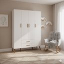 Ver imagem 1 de Guarda-roupa Isis Infantil Retrô 4 Portas 2 Gavetas Pés Madeira para Quarto Bebe - Branco Fosco
