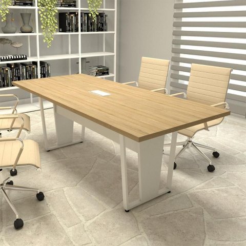 Mesa para Consultório Escritório Mesa Moderno sem Gavetas MDF MDP 200cm Macadâmia com Branco