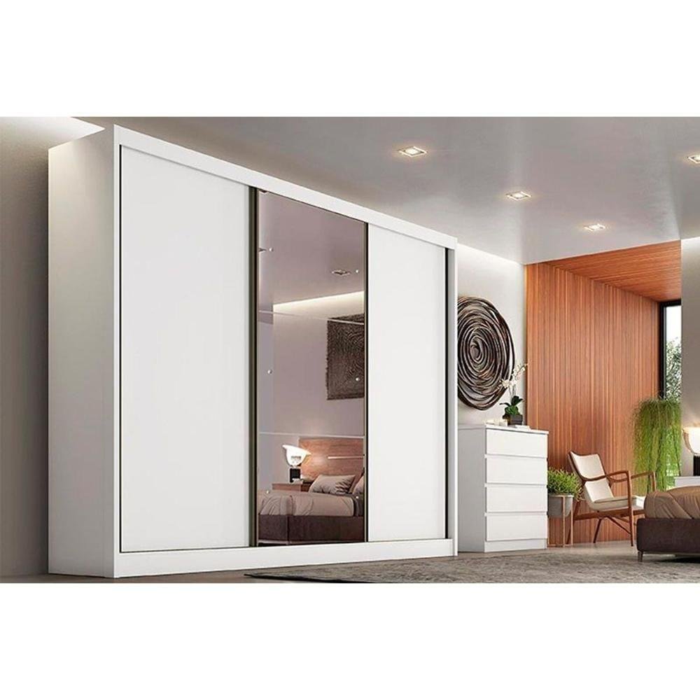 Guarda Roupa Casal 3 Portas de Correr e 8 Gavetas C/ Espelho Natus Plus Branco - Novo Horizonte