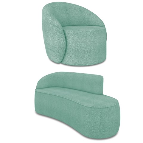 Sofá 3 Lugares Orgânico 180cm Morgan e Poltrona Lua Bouclê Verde Menta D03 - D’Rossi
