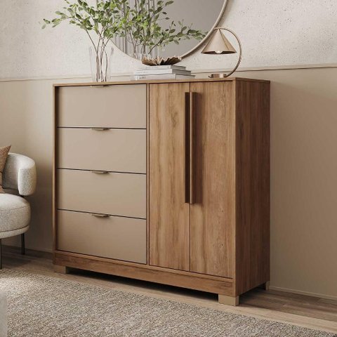 Cômoda Quarto Alta 125cm X 118,5cm com 2 Portas e 4 Gavetas Cor:freijó com Avelã