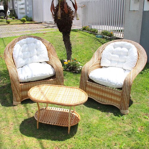 Conjunto de Poltronas Fibra Sintética Bananeira Janaína - 2 Poltronas + 1 Mesa Centro - Tecido Duna