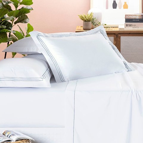 Jogo Cama Lençol Trivio Casal 400 Fios Bordado Fronhas Aba Americana 4 Peças Branco