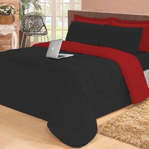 Kit Edredom Casal Queen 05 Peças Dupla Face Preto e Vermelho Casa Dona