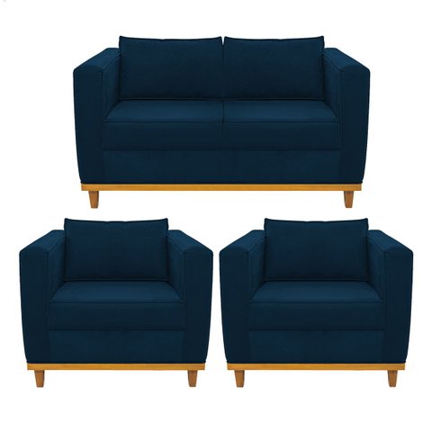 Kit Sofá 2 Lugares e 2 Poltronas Europa Suede ADJ Decor - Azul Marinho