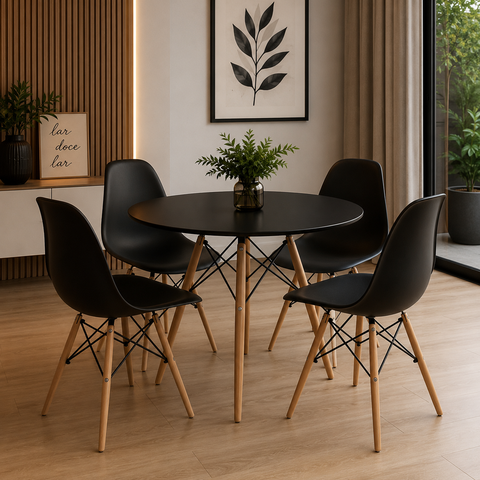 Conjunto de Mesa de Jantar Eames Eiffel Redonda 100cm Tampo de Madeira Preto com 4 Cadeiras Pretas
