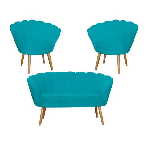 Kit Namoradeira + 2 Poltronas Decorativa Pétala Suede Azul Tifany Pés Madeira Ms Decor