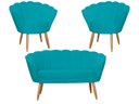 Ver imagem 1 de Kit Namoradeira + 2 Poltronas Decorativa Pétala Suede Azul Tifany Pés Madeira Ms Decor