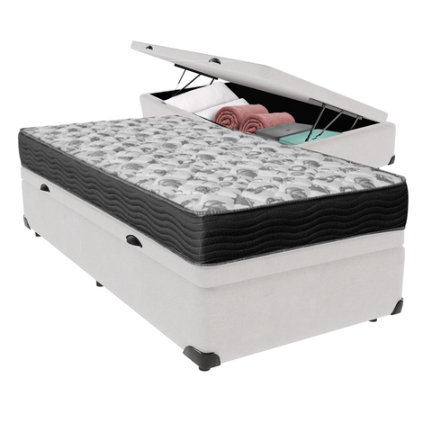 Cama Box Baú Solteiro Branco e Colchão Iso 100 D33 Ortobom