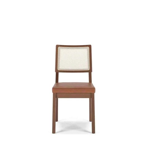Conjunto de 2 Cadeiras de Madeira Maciça Estofada Saga - Natural c/ PU Caramelo - Palhinha
