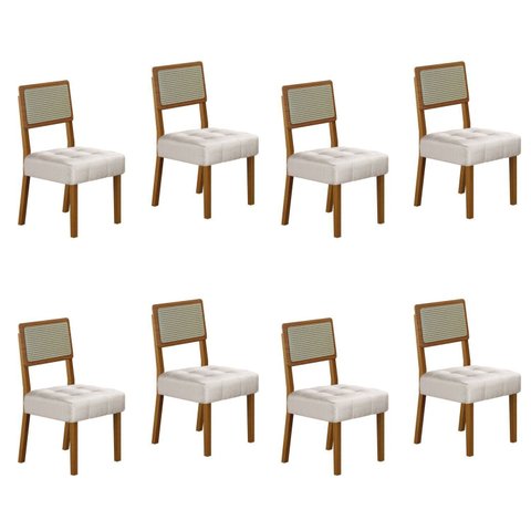 Kit de 8 Cadeiras para Sala de Jantar Pés em Madeira Maciça Liz Bege/Cinamomo/Veludo Palha