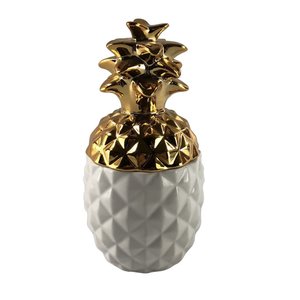 Pote Escultura de Abacaxi em Porcelana Branco e Dourado Full Fit