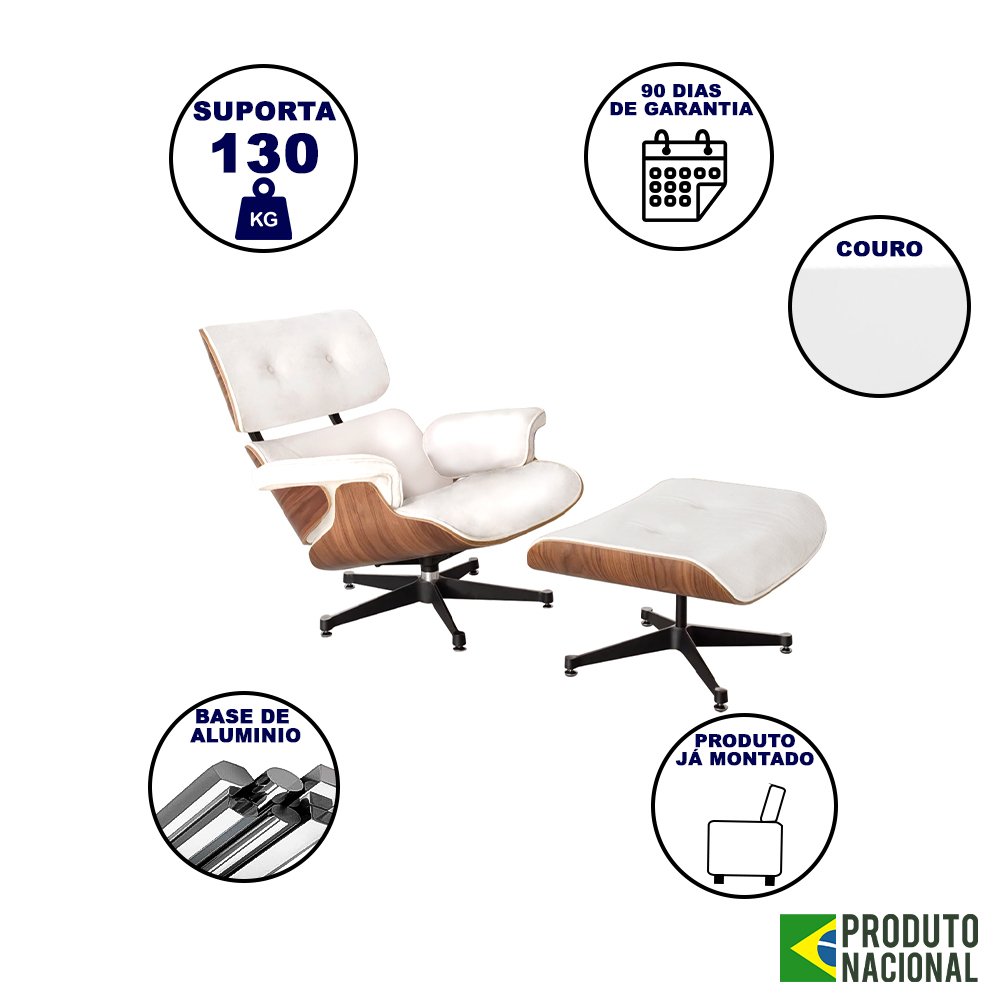 Poltrona Charles Eames com Puff Couro Legítimo Branco - 2