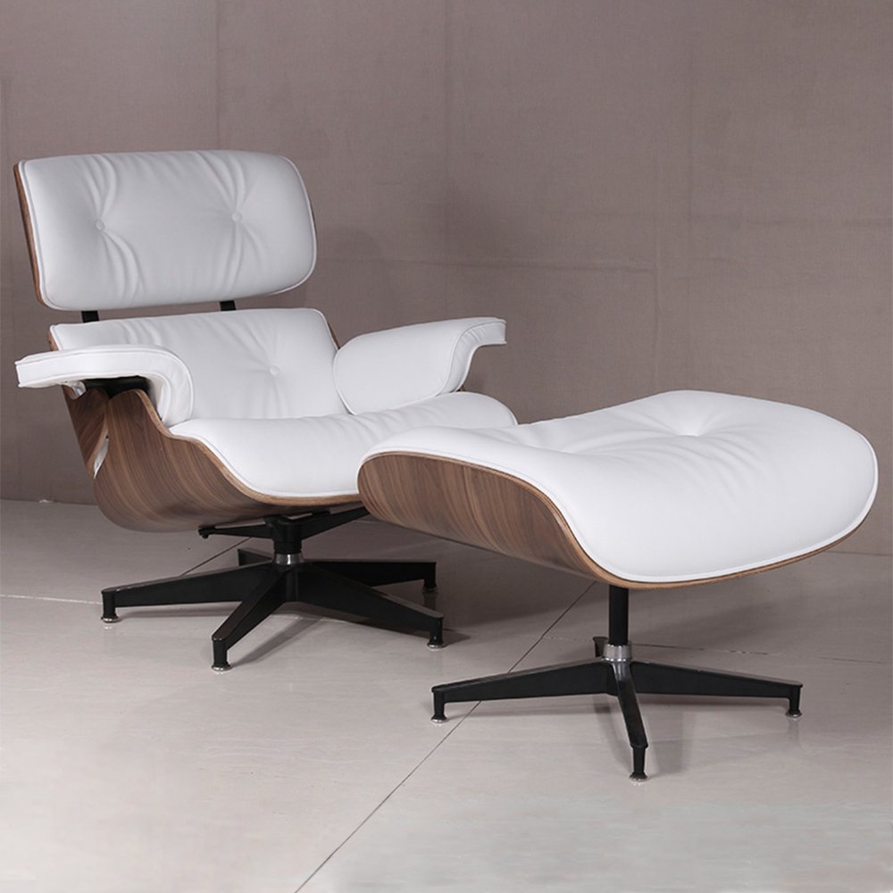 Poltrona Charles Eames com Puff Couro Legítimo Branco - 1