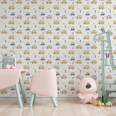 Papel de Parede Adesivo Infantil Carrinhos Coloridos 2,80m