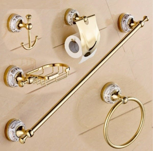 Kit De Acessório Banheiro Em Metal Dourado Banheiro 5 Peças