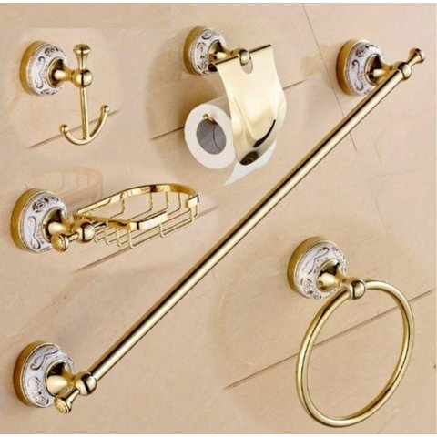 Kit de Acessório Banheiro em Metal Dourado Banheiro 5 Peças