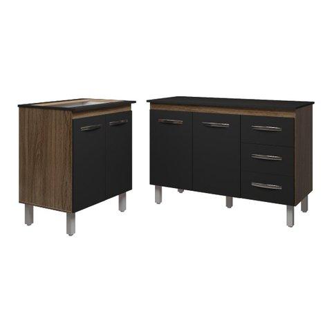 Balcão para Cooktop 5 Bocas Fran e Armário Bruna 118 Cm Cozinha Gabinete Savana Preto com Tampo Tamp