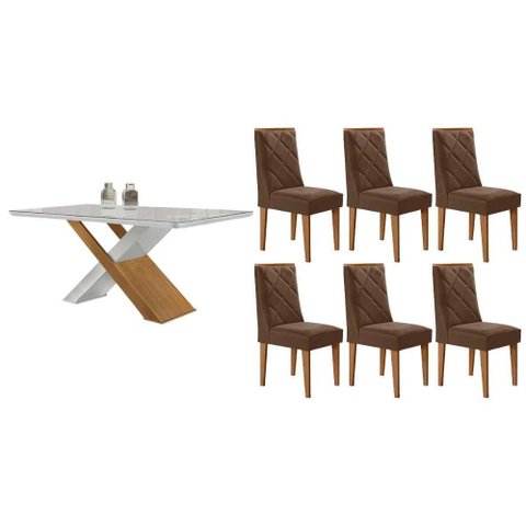 Conjunto: Mesa Sala Jantar Imperatriz Curvo 180cm + 6 Cadeiras Pietá Naturale/off White - Suede