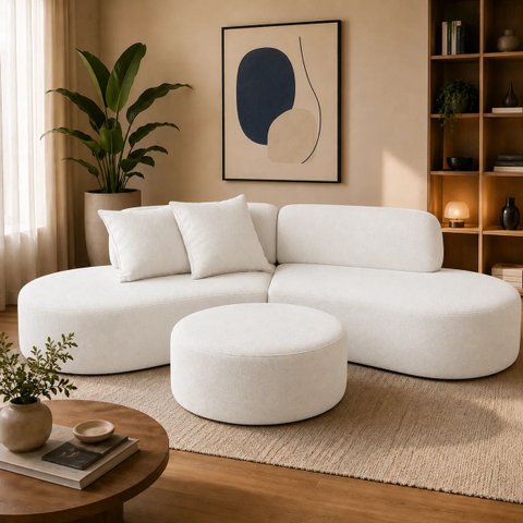 Sofá e Puff Orgânico Virginia 200cm Sala Suede: Branco