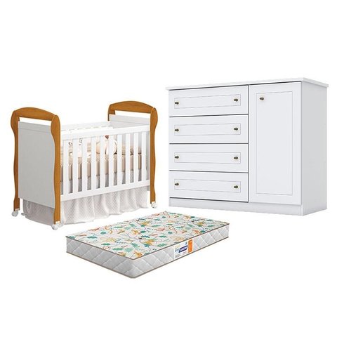 Berço Americano Danny Branco Acetinado Savana Reller e Cômoda Infantil Americano Branco Hp e Colchão