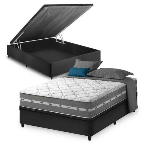 Cama Box Baú Viúva Preto + Colchão Molas Ensacadas Zidi Miami 128x188x64cm