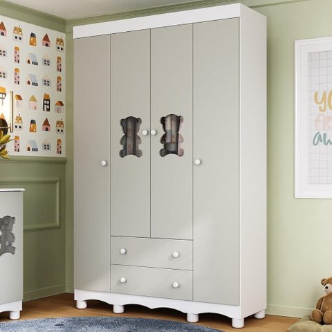 Guarda-roupa Infantil 122cm com Vidro 4 Portas e 2 Gavetas Ternura Multimóveis Mp4478 Branco/off