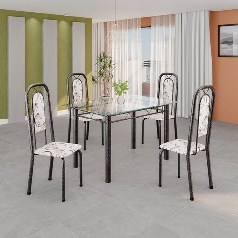 Conjunto de Mesa Tubular com 4 Cadeiras Lara Prata/Arabesco