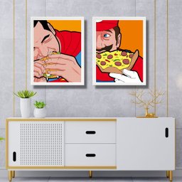 Kit 2 Quadros Super Herois Comendo Lanches 33x24cm - com Vidro:moldura Preta - 2 Kit 2 Quadros Super Herois Comendo Lanches 33x24cm - com Vidro:moldura Preta - 2