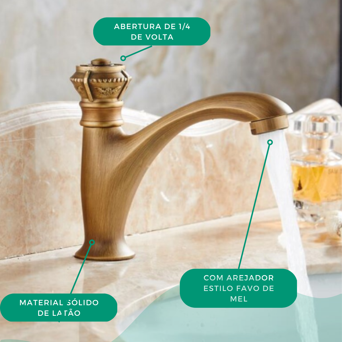 Torneira de Bancada para Banheiro Lavabo Cuba Pia Baixa na Cor Bronze Latão Ouro Velho em Estilo Pro - 3