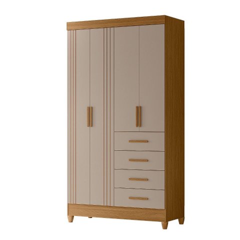 Guarda Roupa Roupeiro Solteiro Milão 4 Portas 4 Gavetas Detalhes Frisados Carvalho Fendi Moval