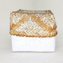 Cesto Quadrado Palha Branco com Tampa:M - 1